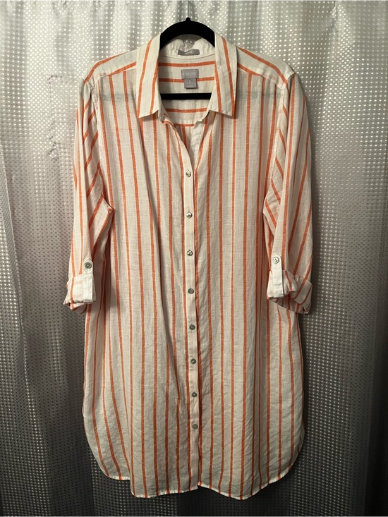 Chico's Tops - Button-Front Long Striped No Iron Linen Tunic in White and Orange